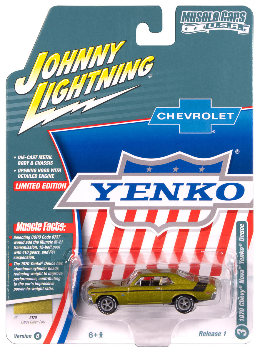 Johnny Lightning Muscle Cars 1970 Yenko Deuce Chevy Nova (Citrus Green Poly with Black Yenko Deuce Stripes) 1:64 Scale Diecast