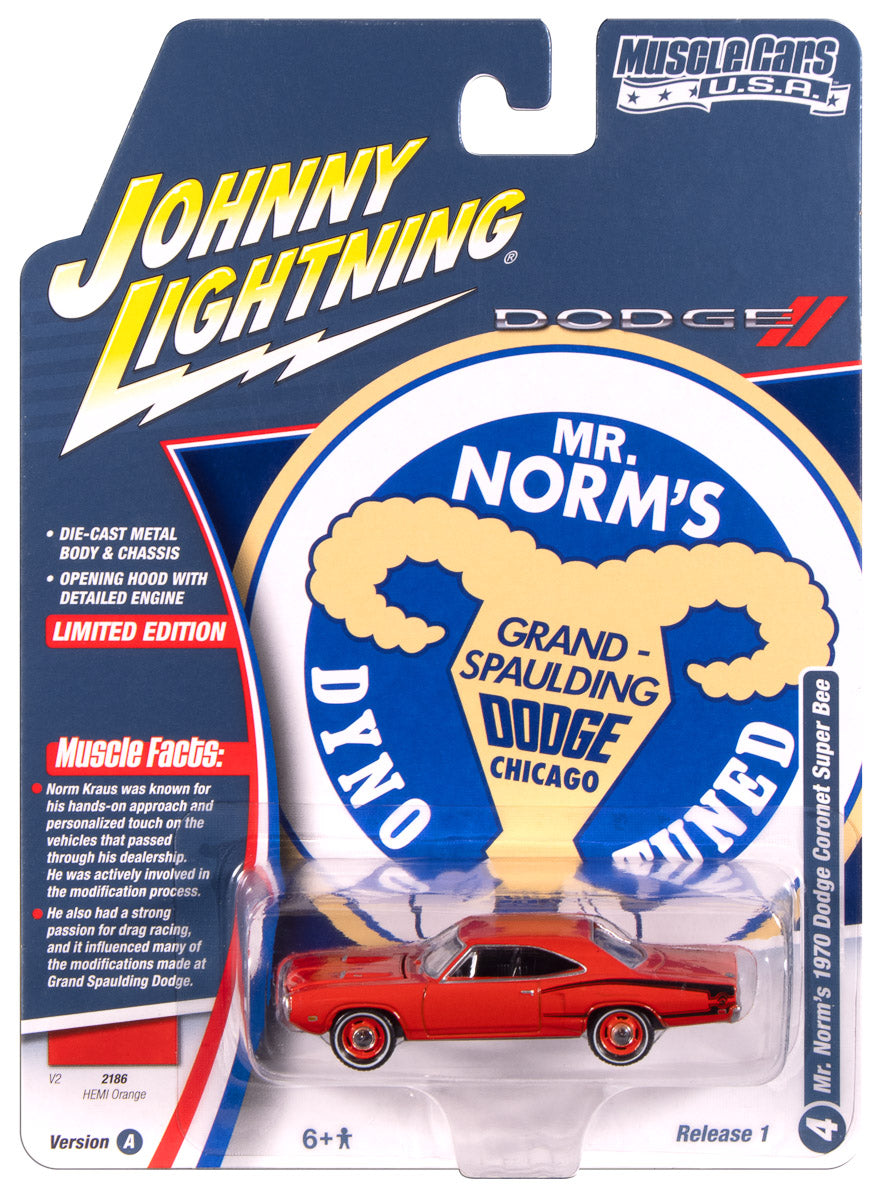 Johnny Lightning Muscle Cars Mr. Norm's 1970 Dodge Super Bee (Hemi Orange w/Black Super Bee “C” Stripe) 1:64 Scale Diecast