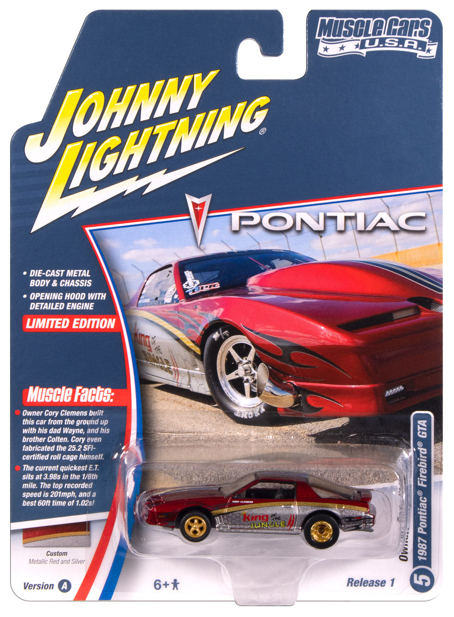 Johnny Lightning Muscle Cars 1987 Pontiac Trans Am King of the Jungle (Metallic Red w/Silver & Gold + King of the Jungle Race Graphics) 1:64 Scale Diecast