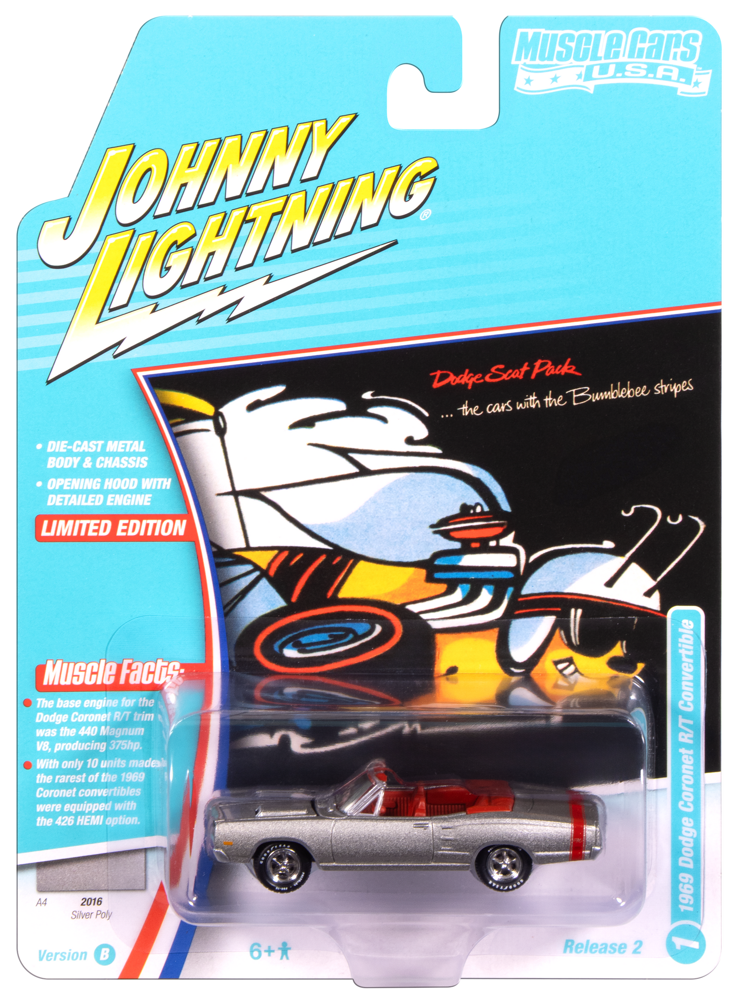 Johnny Lightning Muscle Cars 1969 Dodge Coronet R/T Convertible (A4 Silver) 1:64 Scale Diecast