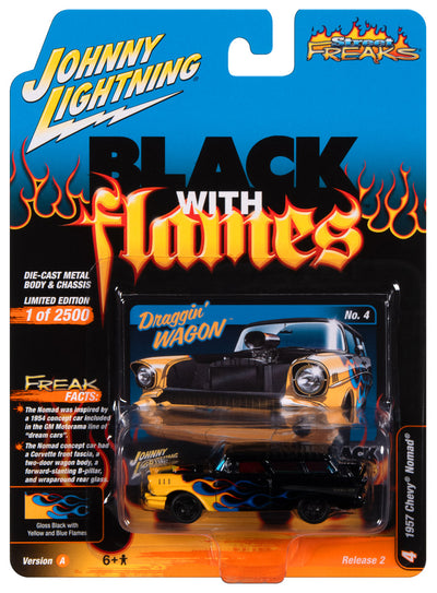 Johnny Lightning Street Freaks 1957 Chevrolet Nomad (Black with Flames) (Gloss Black w/Yellow & Blue Flames) 1:64 Scale Diecast