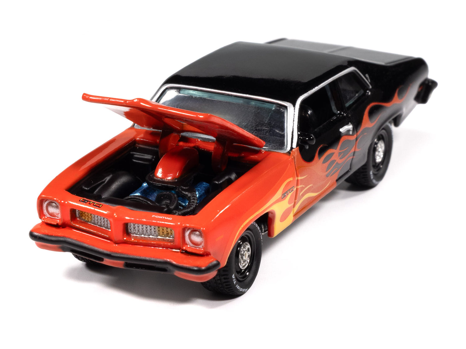 Johnny Lightning Street Freaks 1974 Pontiac GTO (Black w/Flames) (Black/Red, Orange & Yellow) 1:64 Scale Diecast