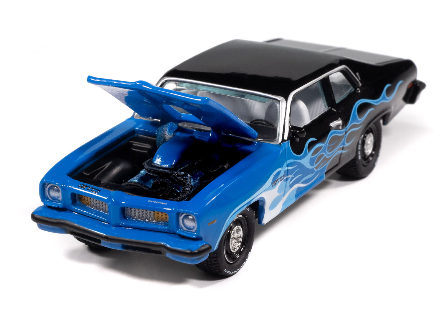 Johnny Lightning Street Freaks 1974 Pontiac GTO (Black w/Flames) (Black/Shades of Blue) 1:64 Scale Diecast