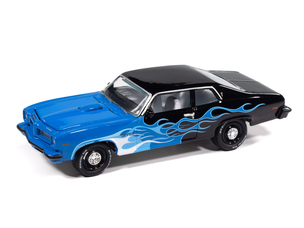 Johnny Lightning Street Freaks 1974 Pontiac GTO (Black w/Flames) (Black/Shades of Blue) 1:64 Scale Diecast