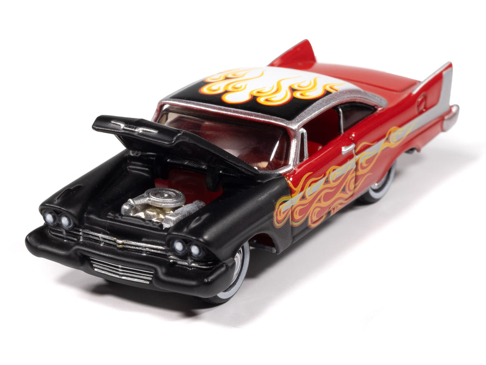 "PRE-ORDER" Johnny Lightning Street Freaks 1958 Plymouth Fury (Kustomized) (Flat Black Transition to Red-Orange-Yellow Flames  Red Back of Car) 1:64 Scale Diecast (DUE LATE OCTOBER 2025)