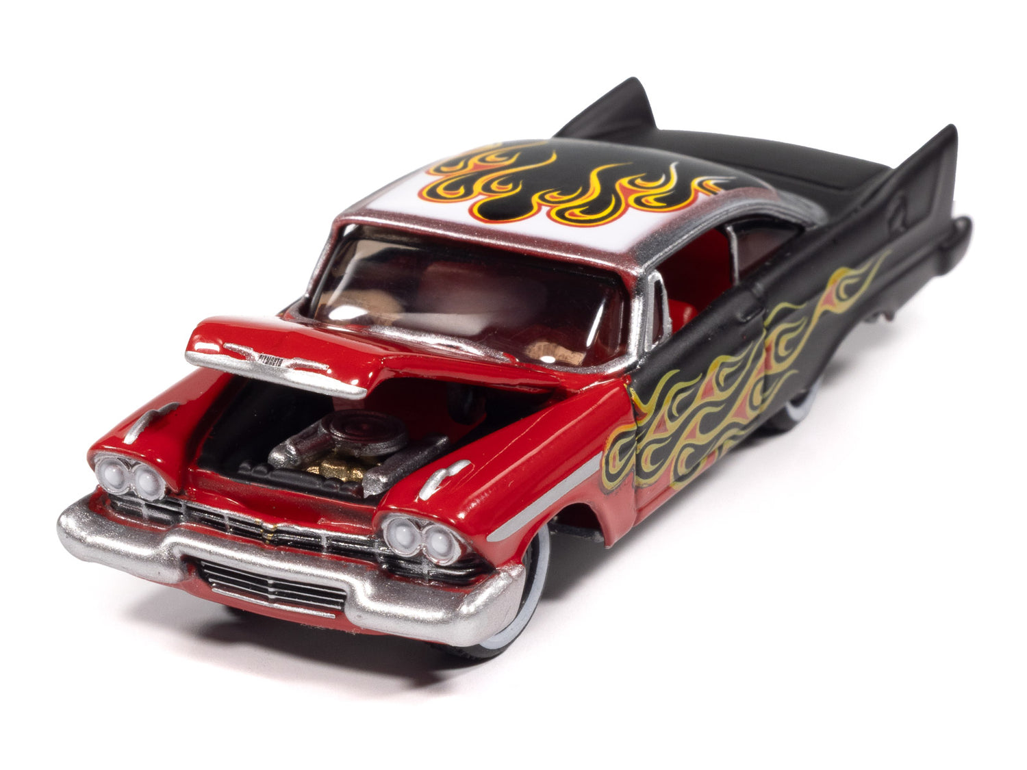 Johnny Lightning Street Freaks 1958 Plymouth Fury (Kustomized) (Gloss Red Transition to Red-Orange-Yellow Flames Flat Black Back of Car) 1:64 Scale Diecast