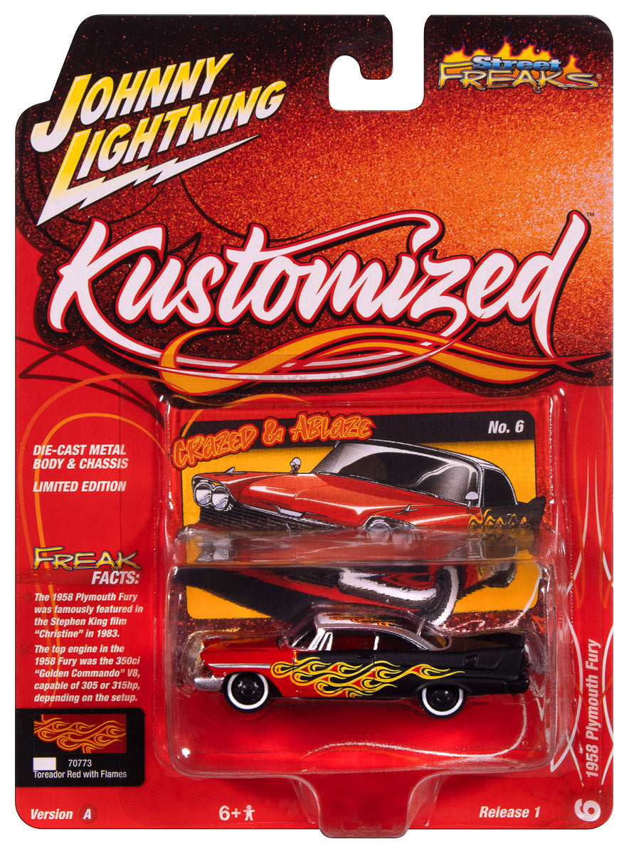 Johnny Lightning Street Freaks 1958 Plymouth Fury (Kustomized) (Gloss Red Transition to Red-Orange-Yellow Flames Flat Black Back of Car) 1:64 Scale Diecast