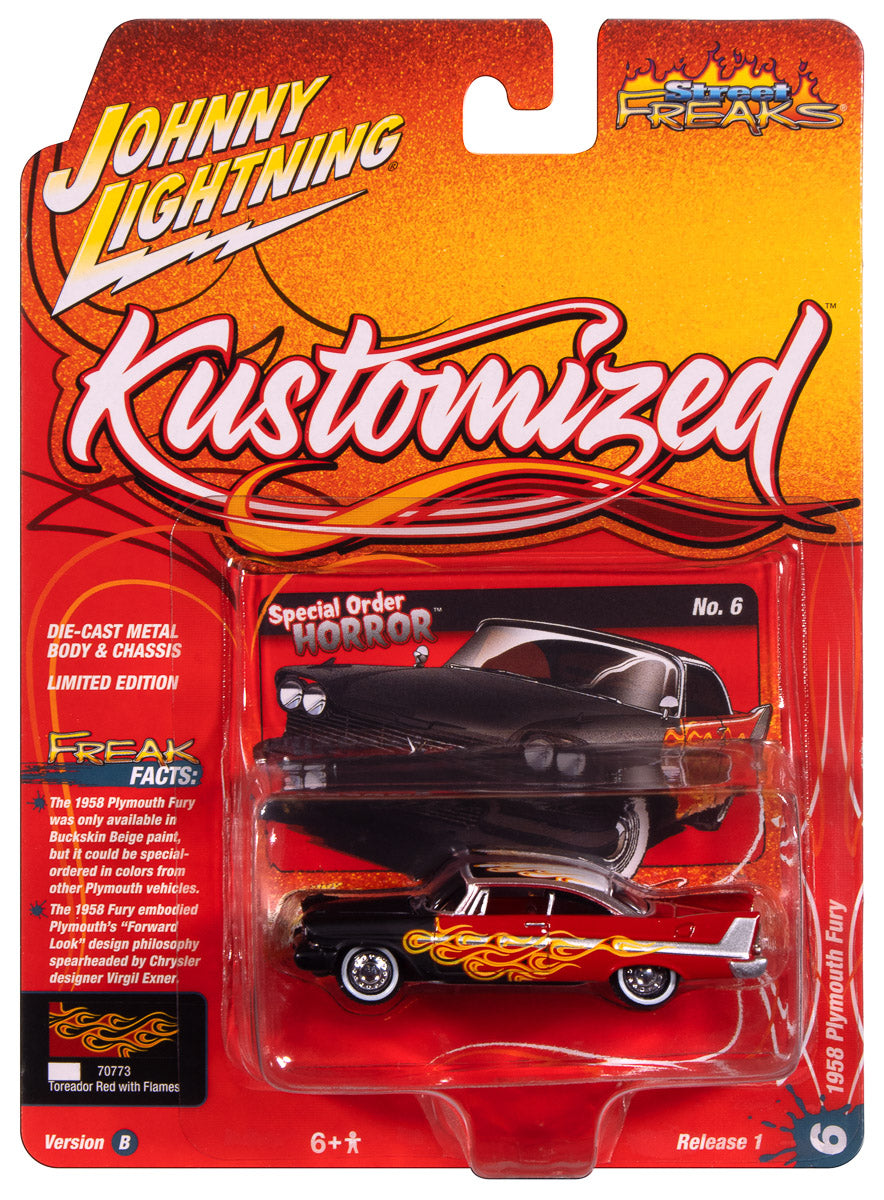 "PRE-ORDER" Johnny Lightning Street Freaks 1958 Plymouth Fury (Kustomized) (Flat Black Transition to Red-Orange-Yellow Flames  Red Back of Car) 1:64 Scale Diecast (DUE LATE OCTOBER 2025)