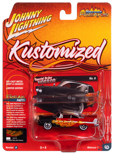 "PRE-ORDER" Johnny Lightning Street Freaks 1958 Plymouth Fury (Kustomized) (Flat Black Transition to Red-Orange-Yellow Flames  Red Back of Car) 1:64 Scale Diecast (DUE LATE OCTOBER 2025)