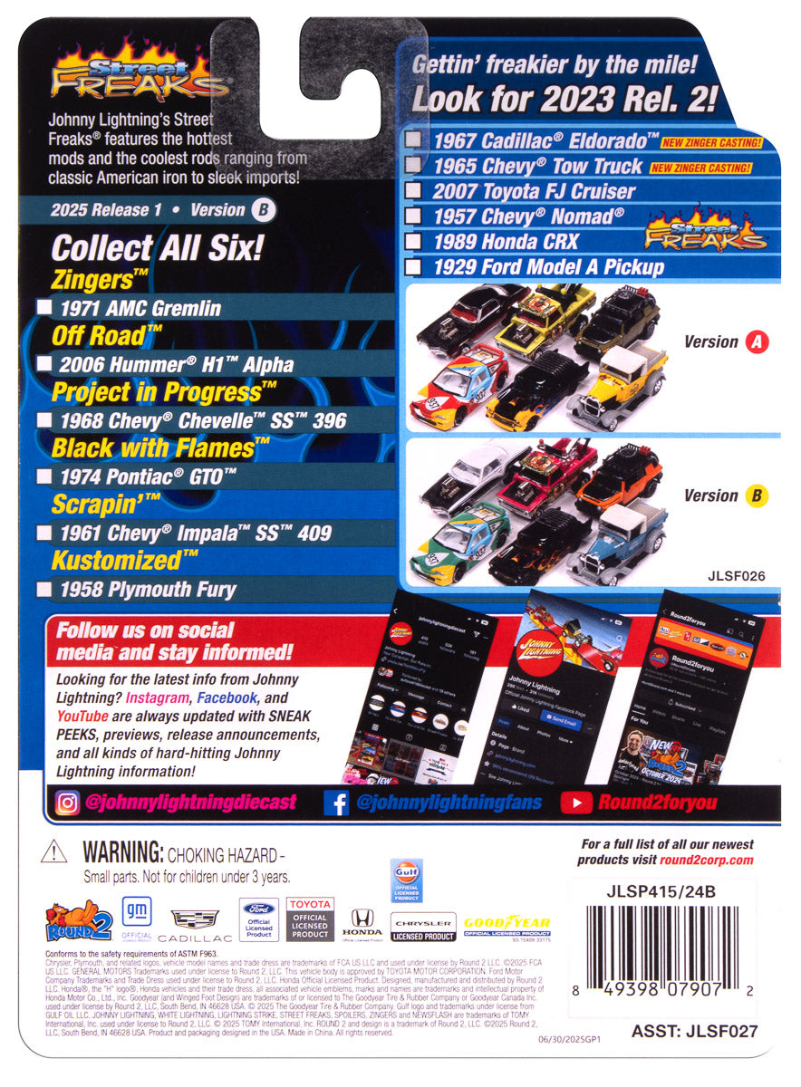 "PRE-ORDER" Johnny Lightning Street Freaks 1958 Plymouth Fury (Kustomized) (Flat Black Transition to Red-Orange-Yellow Flames  Red Back of Car) 1:64 Scale Diecast (DUE LATE OCTOBER 2025)