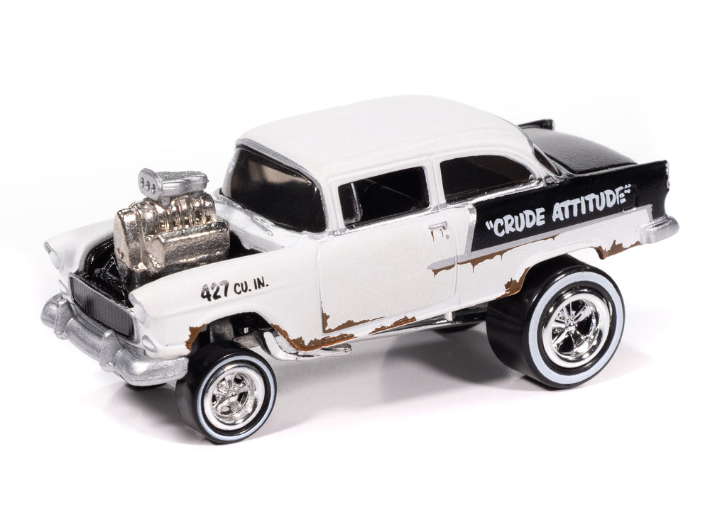 Johnny Lightning Street Freaks 1955 Chevy Bel Air Gasser Zingers (Flat White w/ Black 2-Tone Sides Rusty Vintage Lettering) 1:64 Scale Diecast