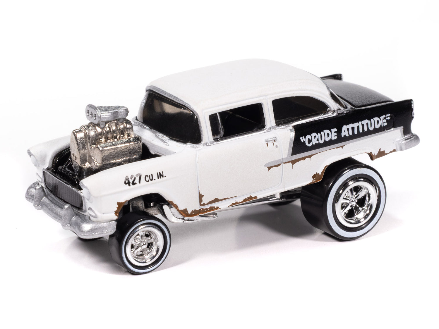 Johnny Lightning Street Freaks 1955 Chevy Bel Air Gasser Zingers (Flat White w/ Black 2-Tone Sides Rusty Vintage Lettering) 1:64 Scale Diecast