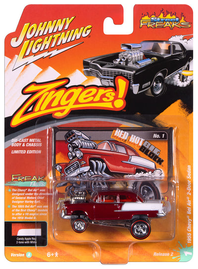 Johnny Lightning Street Freaks 1955 Chevy Bel Air Gasser Zingers (Candy Apple Red w/ White 2-Tone Sides) 1:64 Scale Diecast