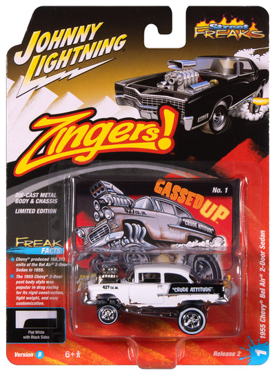Johnny Lightning Street Freaks 1955 Chevy Bel Air Gasser Zingers (Flat White w/ Black 2-Tone Sides Rusty Vintage Lettering) 1:64 Scale Diecast