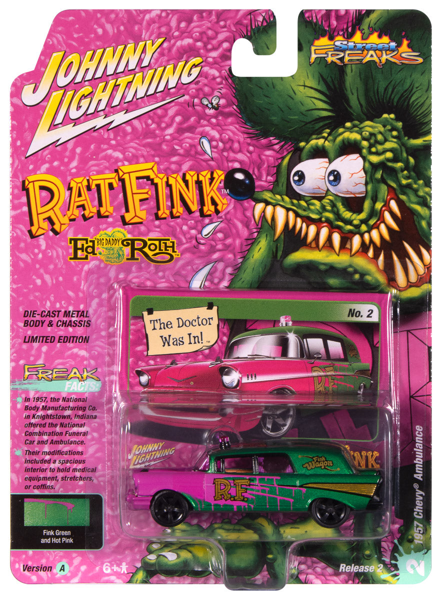 Johnny Lightning Street Freaks 1957 Chevy Ambulance Rat Fink (Green Metallic & Hot Pink w/ Gold RF Graphics) 1:64 Scale Diecast