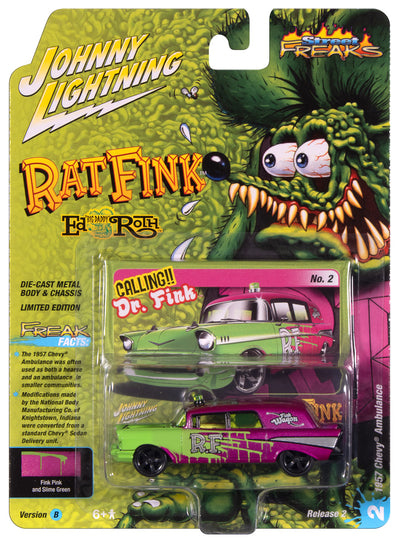 Johnny Lightning Street Freaks 1957 Chevy Ambulance Rat Fink (Magenta Metallic and Bright Green  w/ Silver RF Graphics) 1:64 Scale Diecast