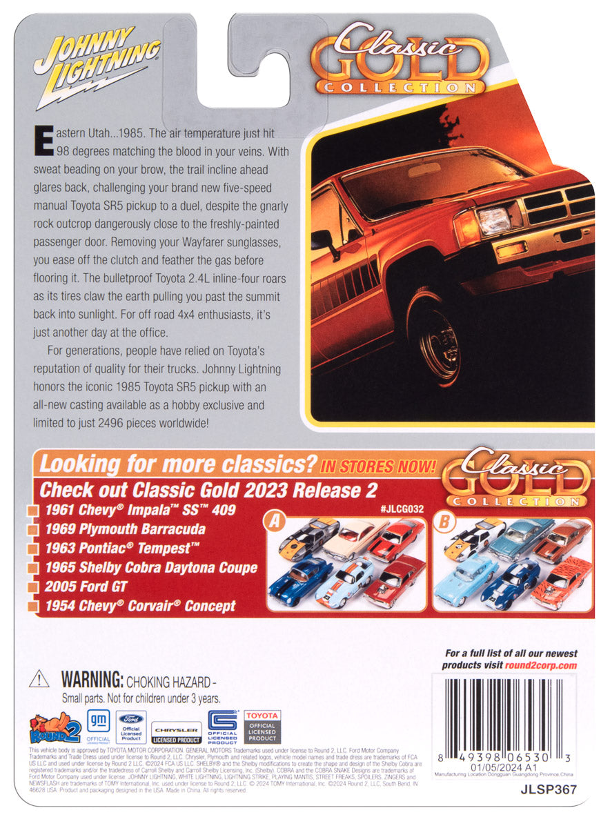 "PRE-ORDER" Johnny Lightning Classic Gold 1985 Toyota SR5 Pickup (Gloss White Body Color with Red, Yellow, Orange Side Stripes and TOYOTA logo on Doors) 1:64 Scale Diecast (DUE MAY 2024)