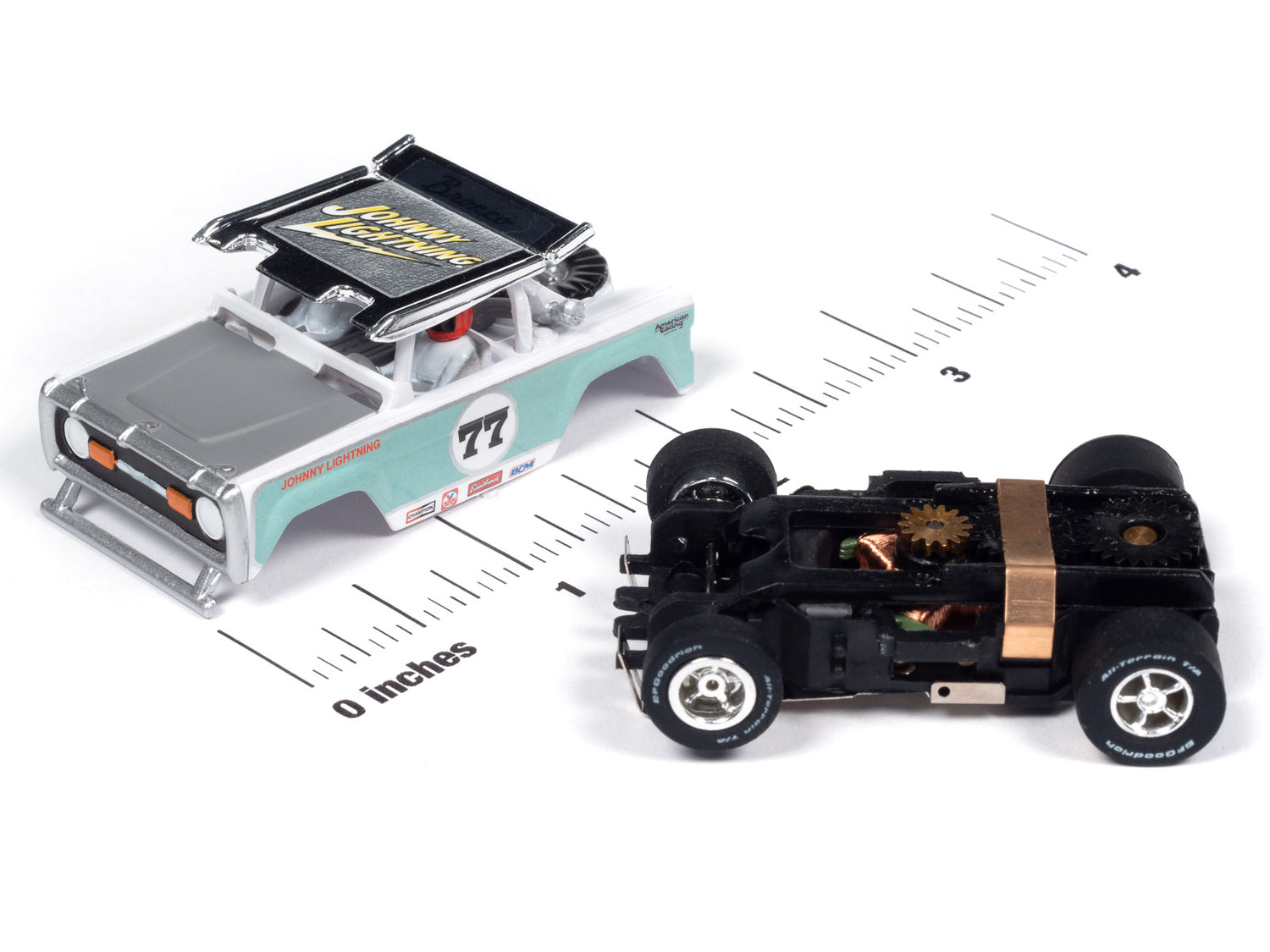 Auto World Xtraction 1972 Ford Baja Bronco - White w/ Light Teal Race Graphics HO Scale Slot Car