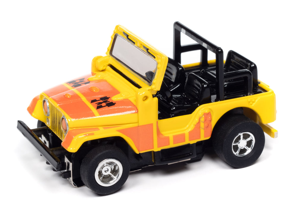 Auto World Xtraction 1979 Jeep CJ-7 - Yellow w/ Orange 4x4 Graphics HO Scale Slot Car
