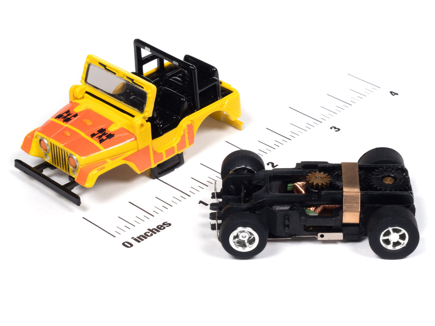 Auto World Xtraction 1979 Jeep CJ-7 - Yellow w/ Orange 4x4 Graphics HO Scale Slot Car