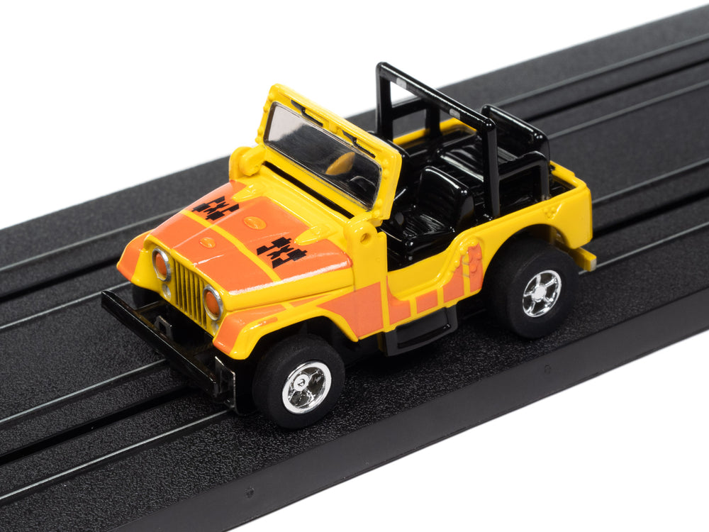 Auto World Xtraction 1979 Jeep CJ-7 - Yellow w/ Orange 4x4 Graphics HO Scale Slot Car