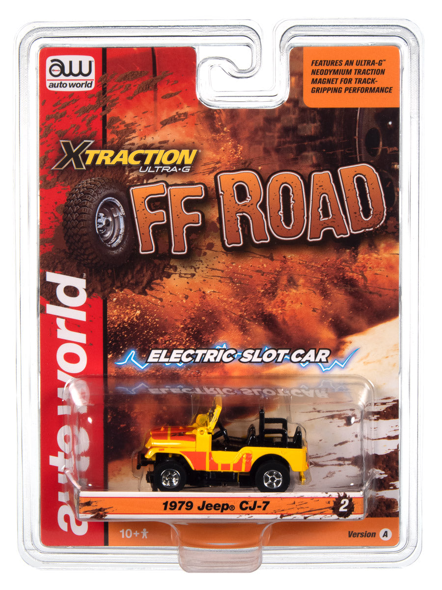 Auto World Xtraction 1979 Jeep CJ-7 - Yellow w/ Orange 4x4 Graphics HO Scale Slot Car