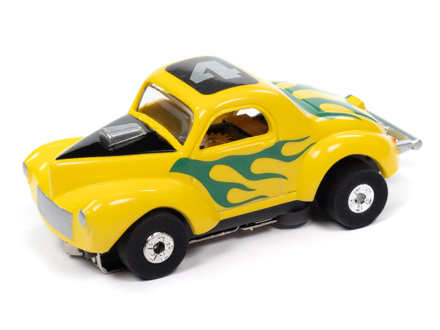 Auto World Thunderjet 1941 Willys Coupe Gasser - Yellow w/ Green Flames HO Scale Slot Car