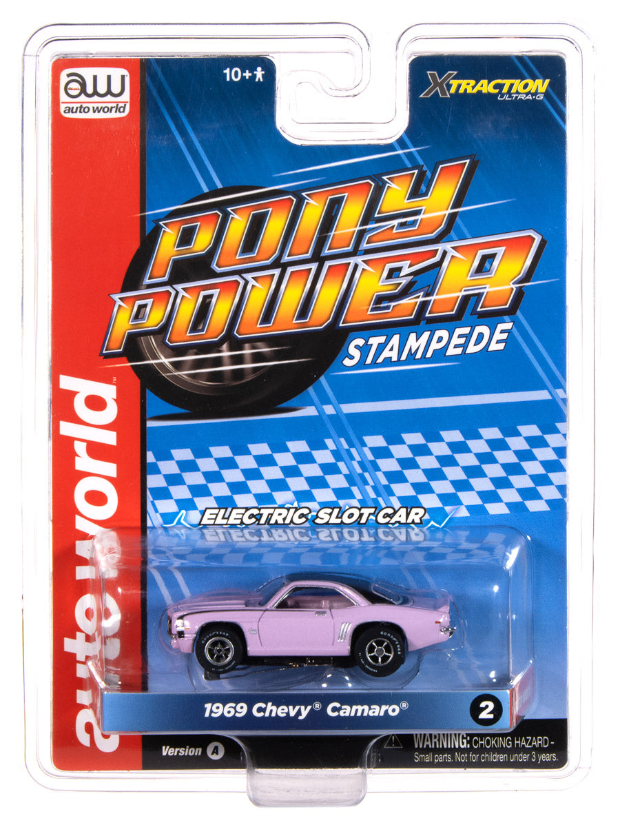 Auto World Xtraction 1969 Chevy Camaro (Orchid & Black) HO Scale Slot Car