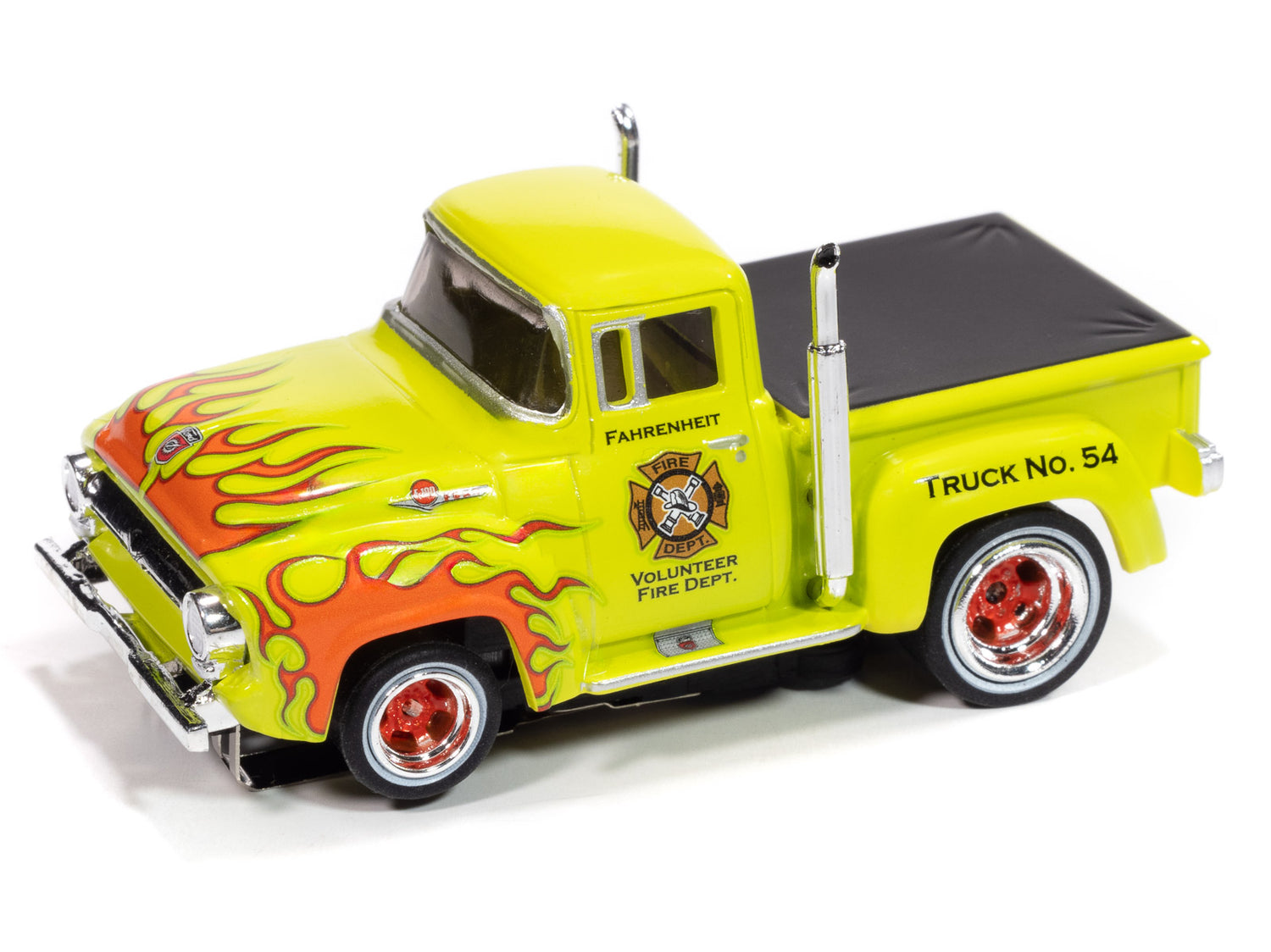 Auto World 4Gear 1956 Ford F100 Volunteer Fire Dept (Green w/ Orange Flames) HO Scale Slot Car