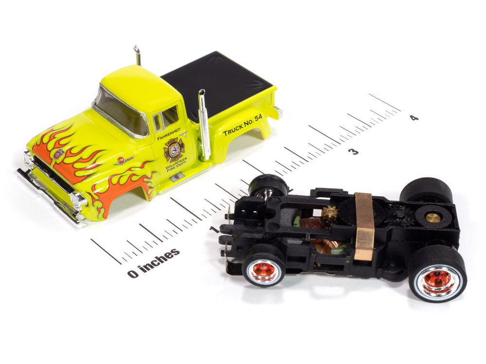 Auto World 4Gear 1956 Ford F100 Volunteer Fire Dept (Green w/ Orange Flames) HO Scale Slot Car