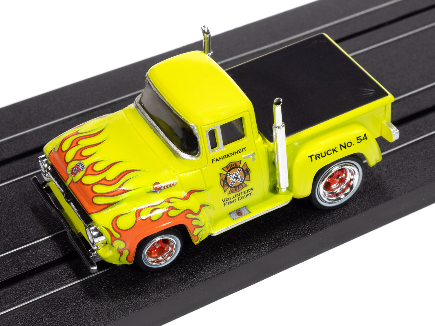 Auto World 4Gear 1956 Ford F100 Volunteer Fire Dept (Green w/ Orange Flames) HO Scale Slot Car