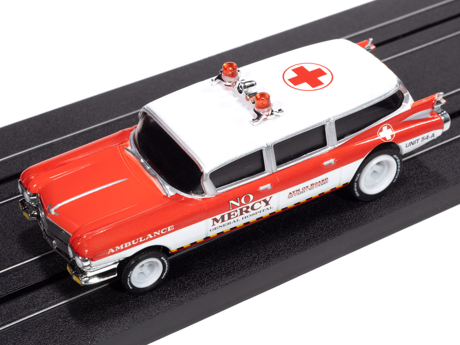 Auto World 4Gear 1959 Cadillac Ambulance (Red & White) HO Scale Slot Car