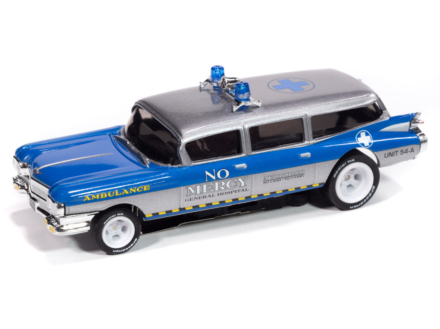 Auto World 4Gear 1959 Cadillac Ambulance (Silver & Blue) HO Scale Slot Car