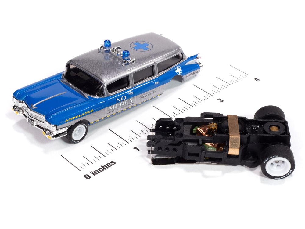 Auto World 4Gear 1959 Cadillac Ambulance (Silver & Blue) HO Scale Slot Car