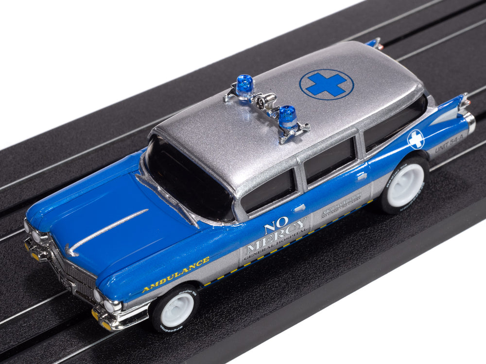 Auto World 4Gear 1959 Cadillac Ambulance (Silver & Blue) HO Scale Slot Car