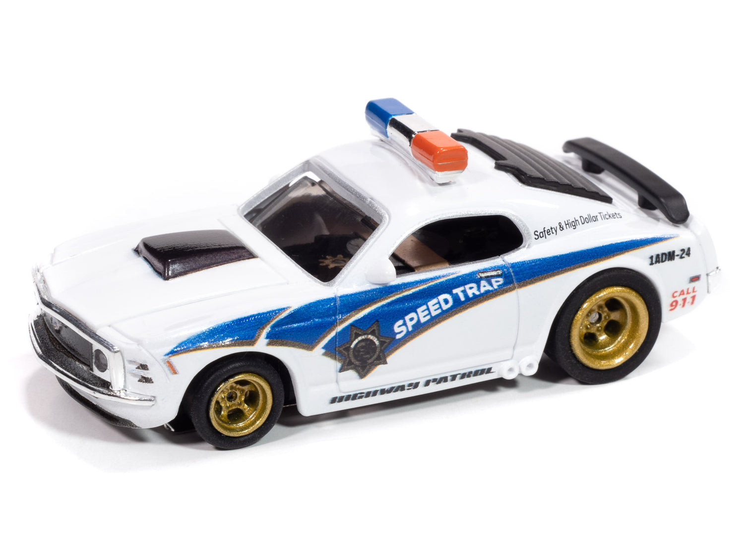 Auto World 4Gear 1970 Ford Mustang Highway Patrol Car (White w/ Blue Stripes) HO Scale Slot Car