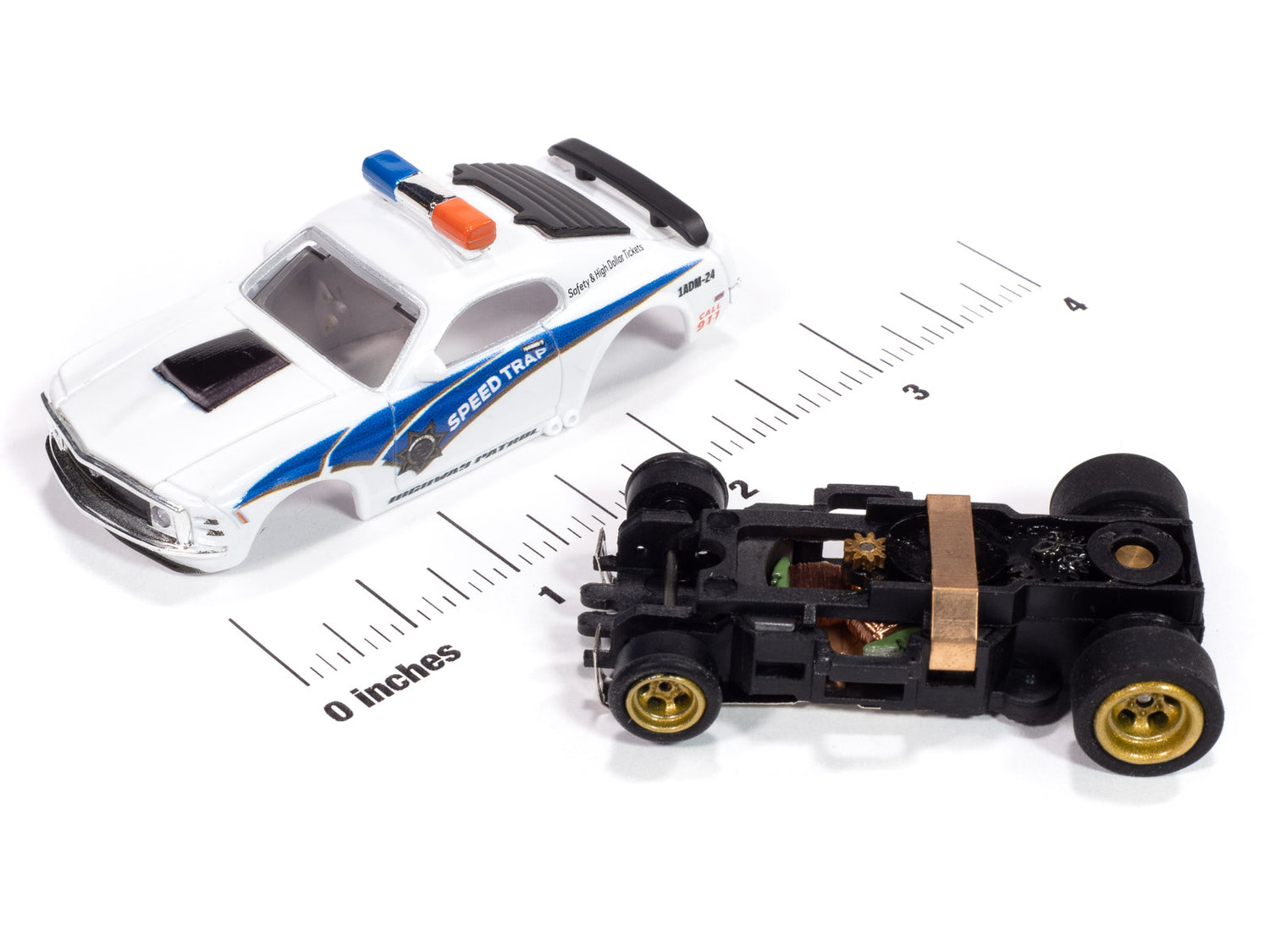 Auto World 4Gear 1970 Ford Mustang Highway Patrol Car (White w/ Blue Stripes) HO Scale Slot Car