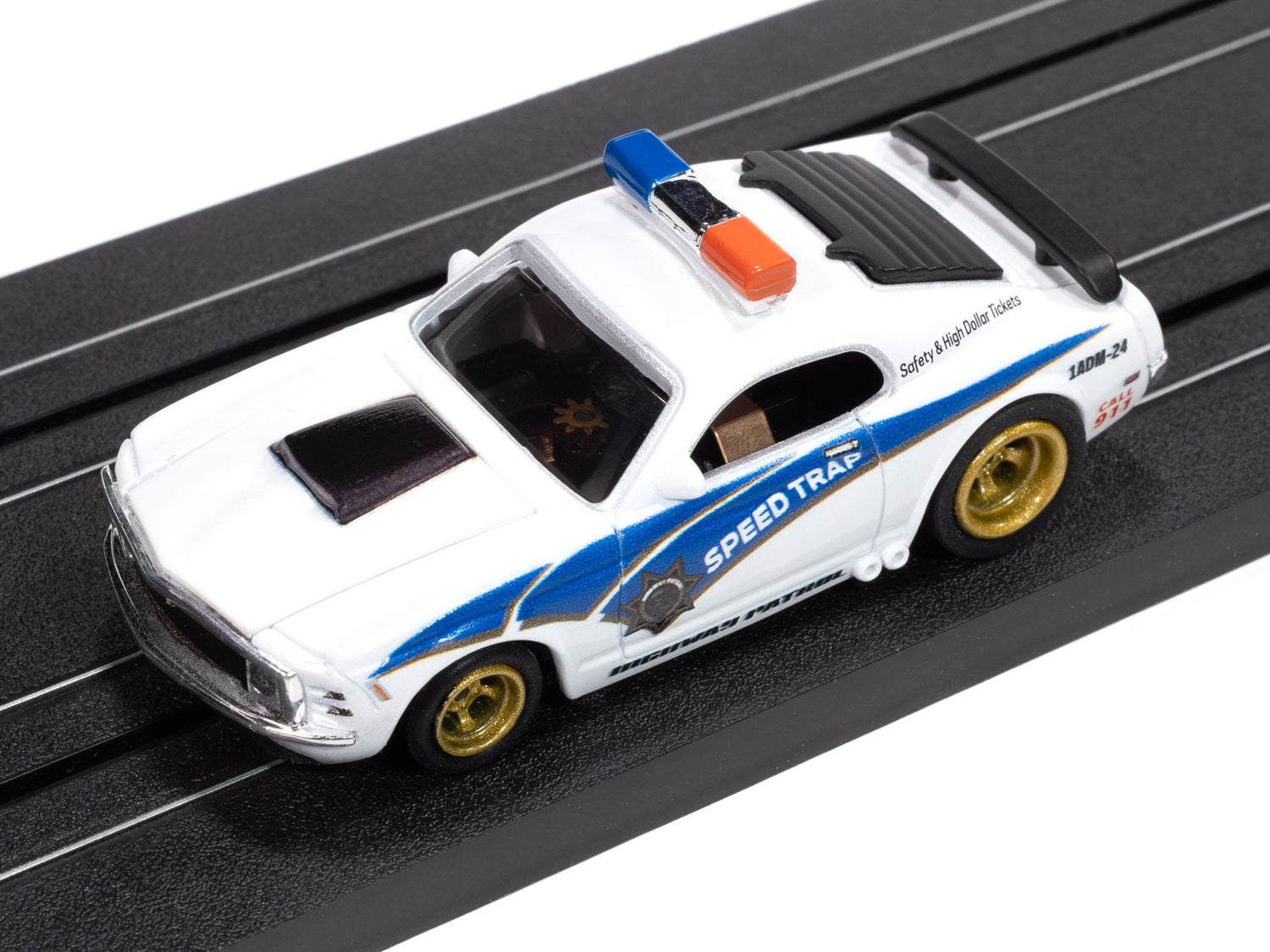 Auto World 4Gear 1970 Ford Mustang Highway Patrol Car (White w/ Blue Stripes) HO Scale Slot Car
