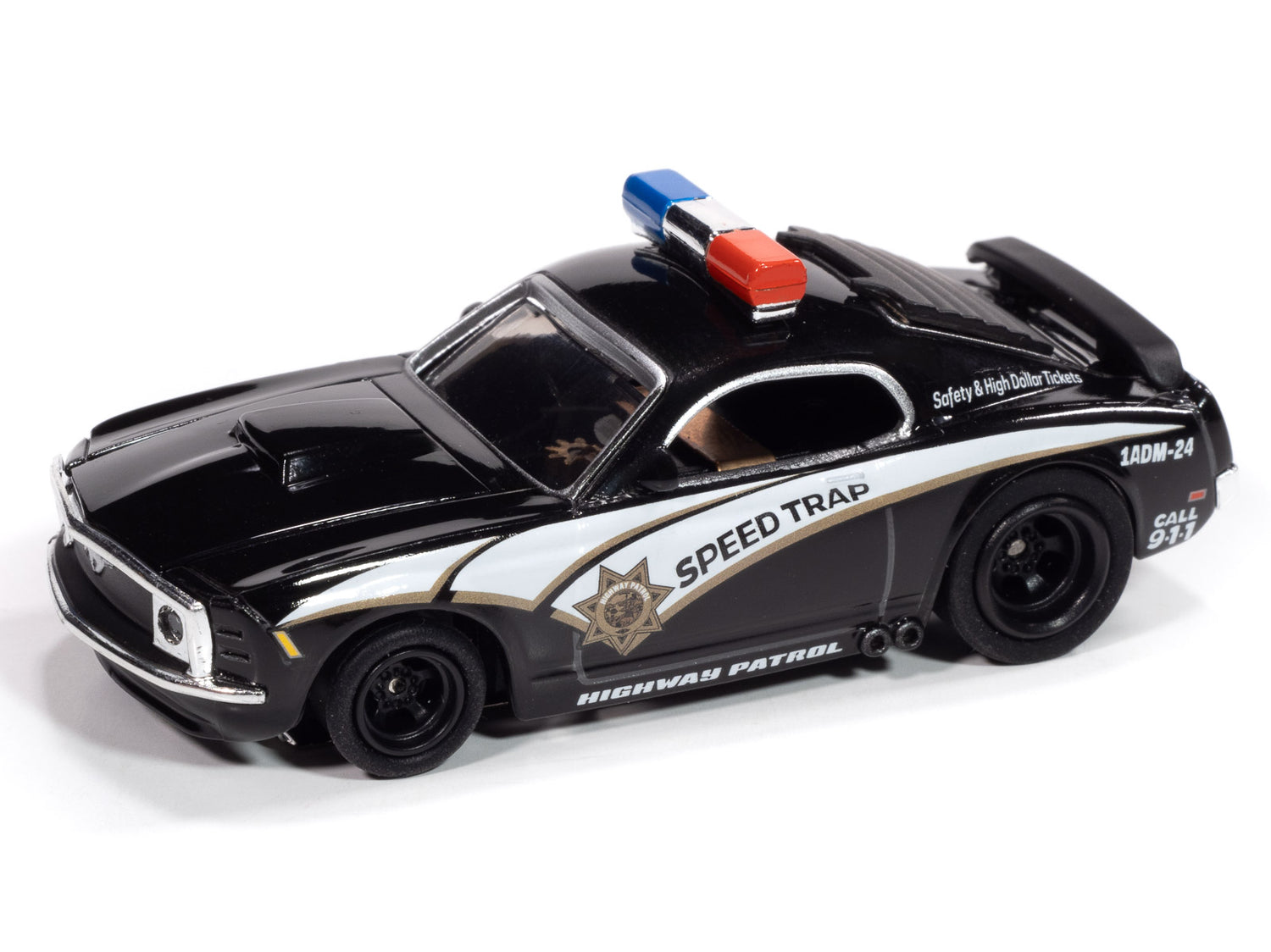 Auto World 4Gear 1970 Ford Mustang Highway Patrol Car (Black w/ White Stripes) HO Scale Slot Car