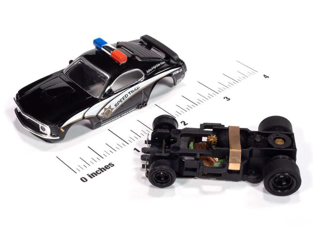 Auto World 4Gear 1970 Ford Mustang Highway Patrol Car (Black w/ White Stripes) HO Scale Slot Car