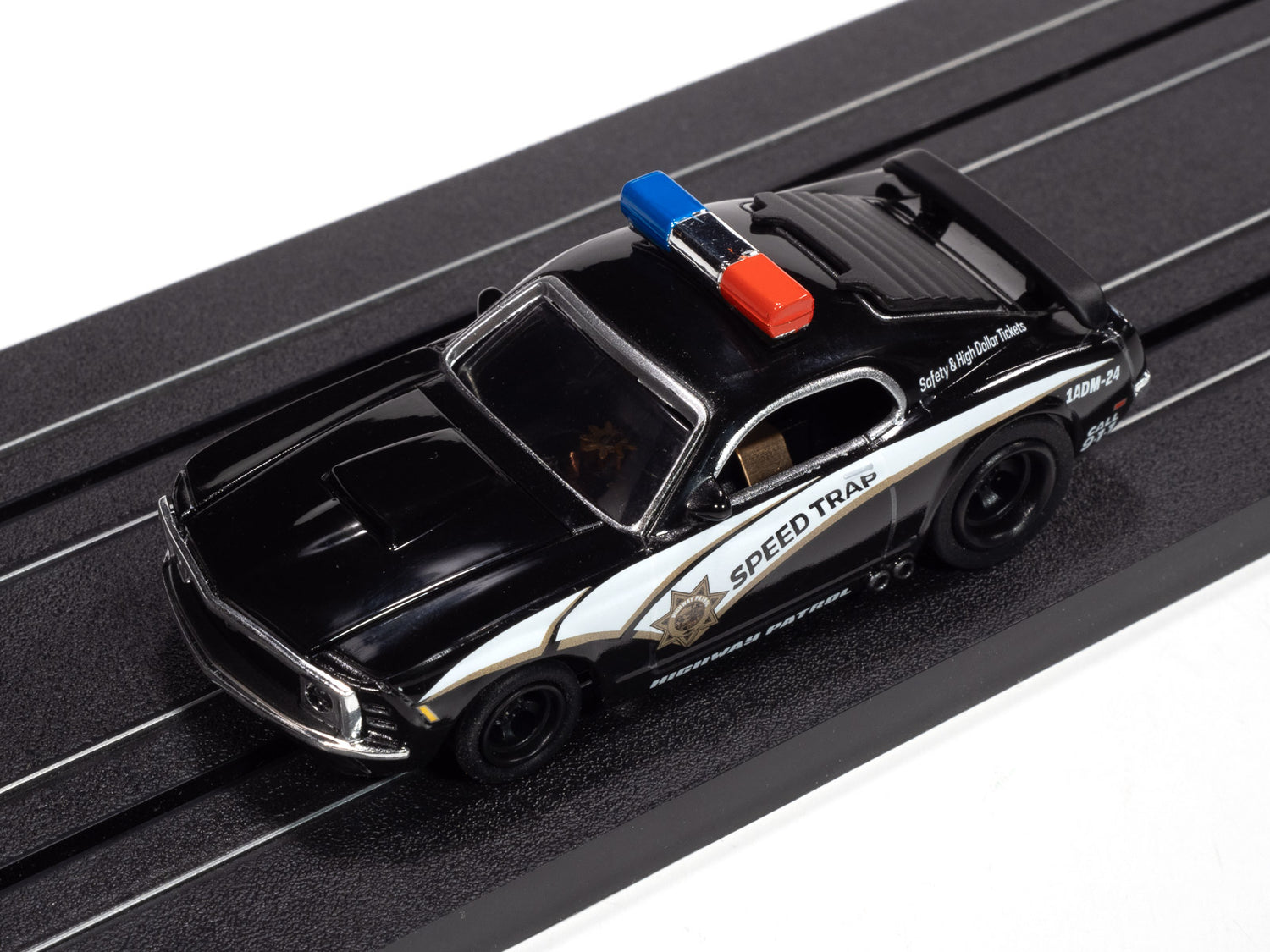 Auto World 4Gear 1970 Ford Mustang Highway Patrol Car (Black w/ White Stripes) HO Scale Slot Car