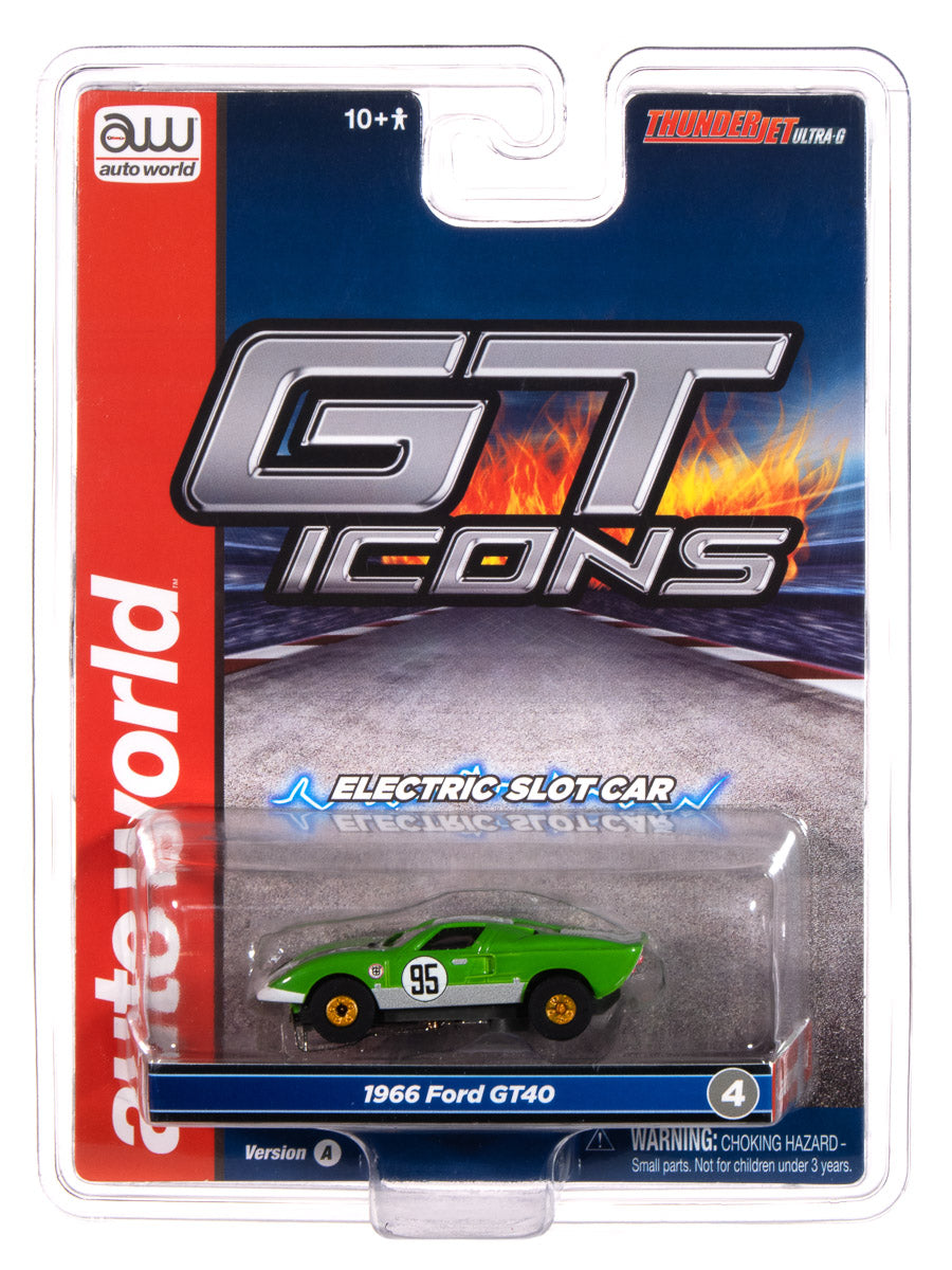 Auto World Thunderjet 1966 Ford GT40 (Green & White) HO Scale Slot Car