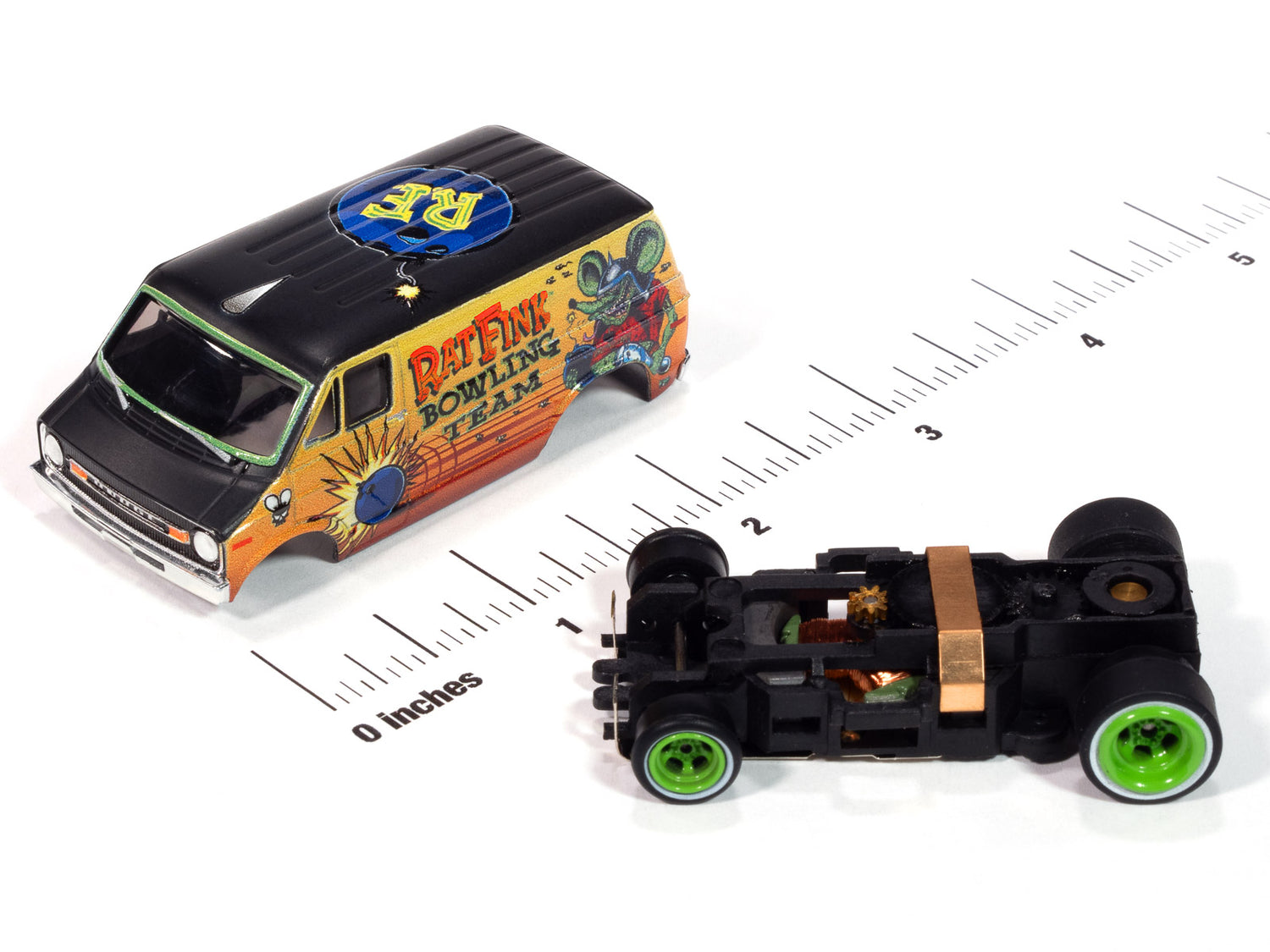Auto World 4Gear 1977 Dodge Van Rat Fink Flat (Black & Yellow) HO Scale Slot Car