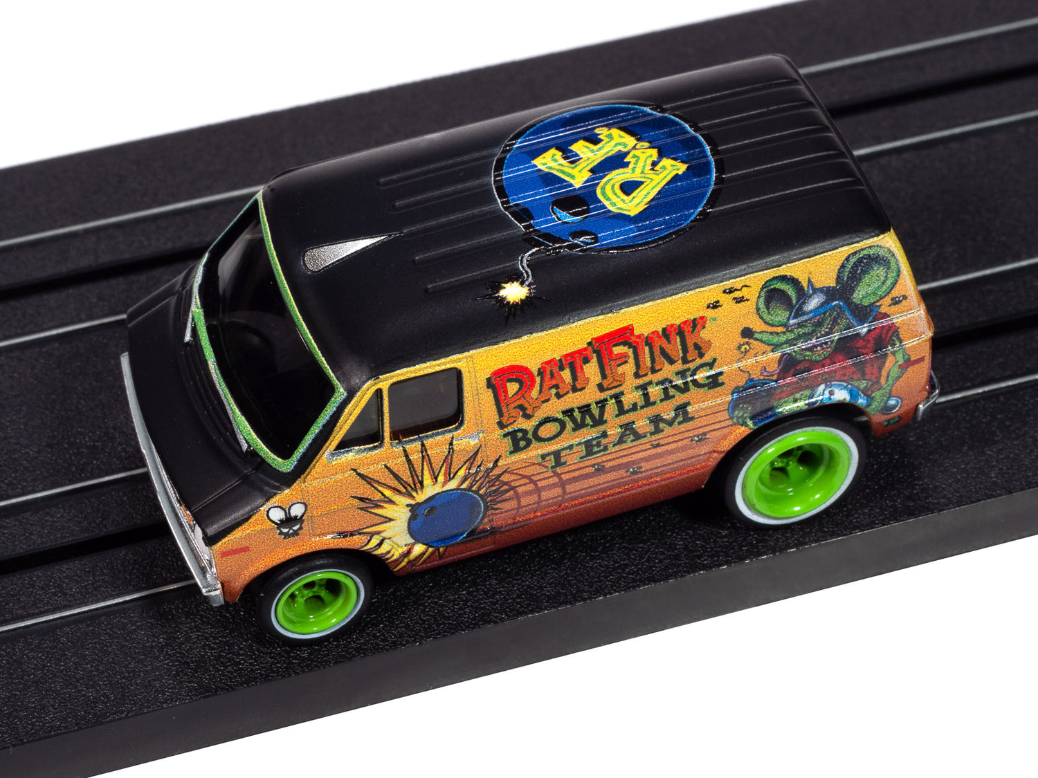 Auto World 4Gear 1977 Dodge Van Rat Fink Flat (Black & Yellow) HO Scale Slot Car