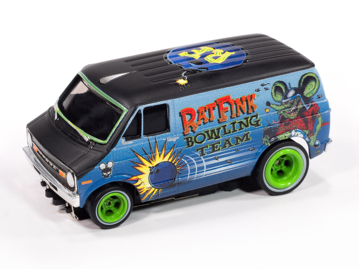 Auto World 4Gear 1977 Dodge Van Rat Fink Flat (Flat Black & Blue) HO Scale Slot Car