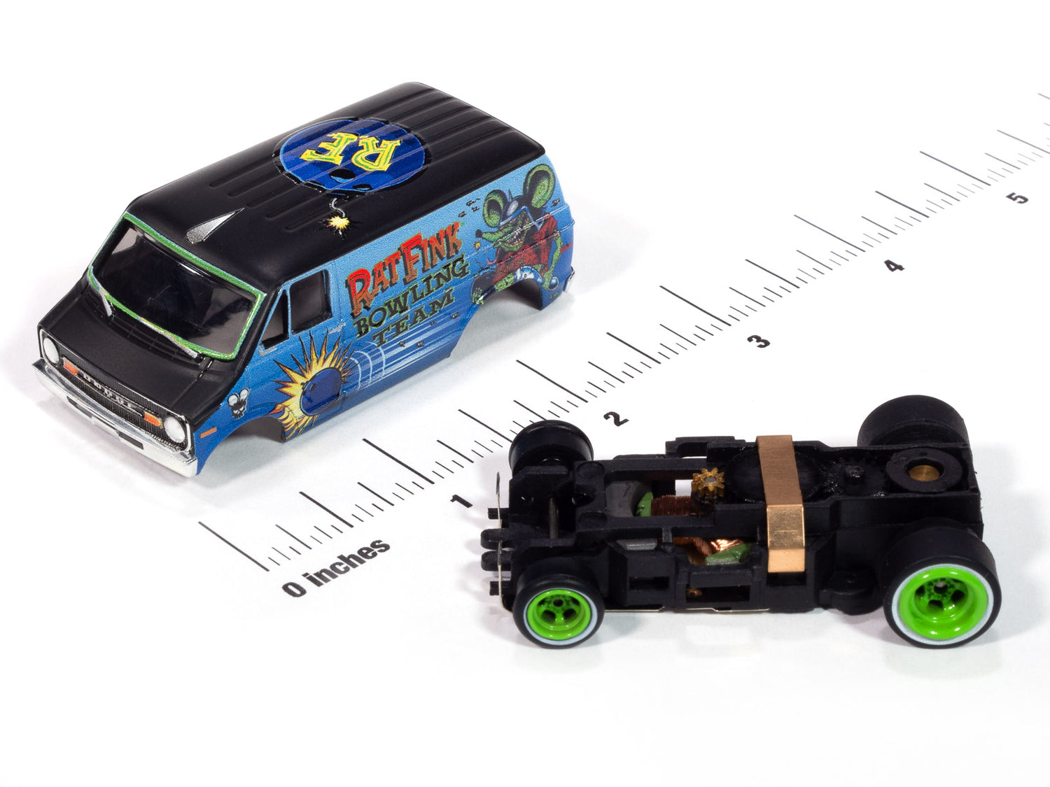 Auto World 4Gear 1977 Dodge Van Rat Fink Flat (Flat Black & Blue) HO Scale Slot Car