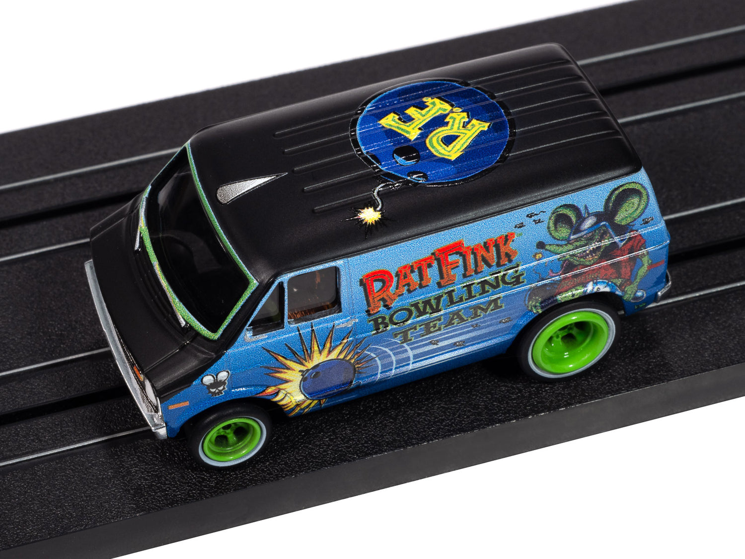 Auto World 4Gear 1977 Dodge Van Rat Fink Flat (Flat Black & Blue) HO Scale Slot Car