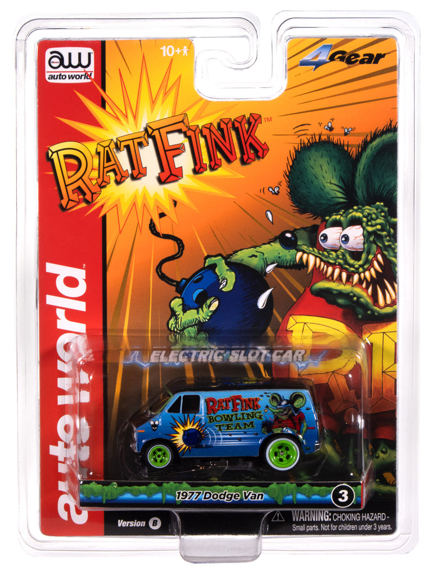 Auto World 4Gear 1977 Dodge Van Rat Fink Flat (Flat Black & Blue) HO Scale Slot Car