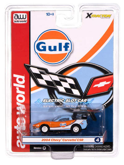 Auto World Xtraction 2004 Chevy Corvette C5R (Gulf Orange & Blue Gulf livery) HO Scale Slot Car