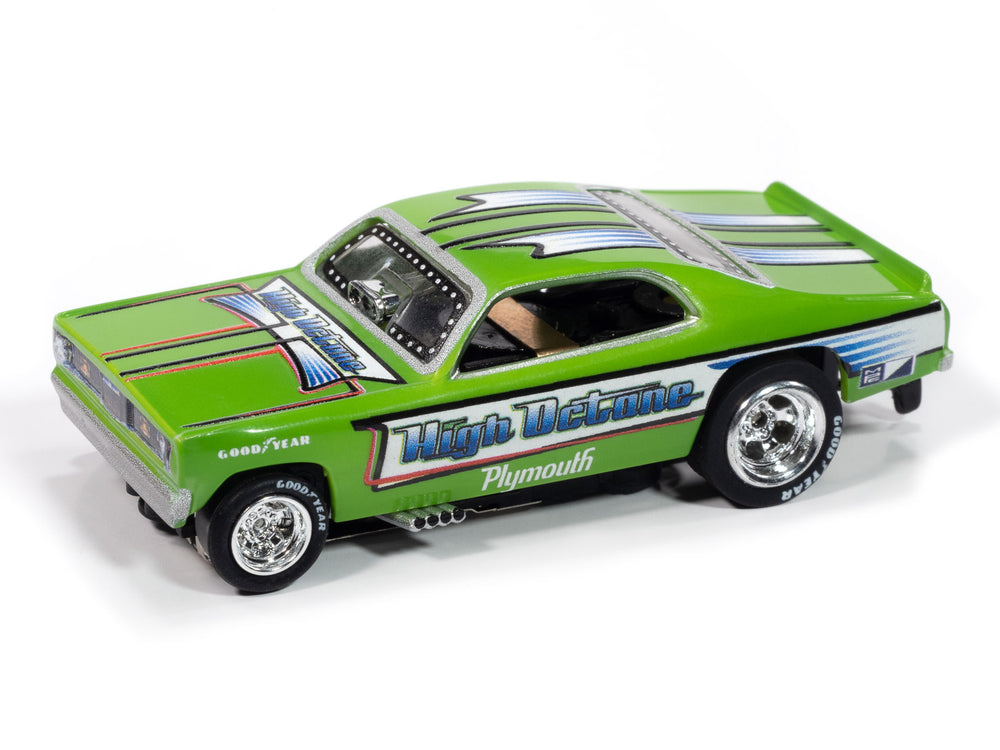 Auto World 4Gear 1972 Plymouth Duster High Octane FC (Green, Blue, White, Black & Red) HO Scale Slot Car